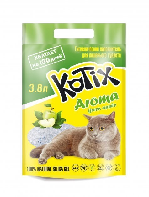 Наповнювач для котячого туалету Kotix Green Apple силікагелевий поглинаючий, 3,8 л (1,8 кг)