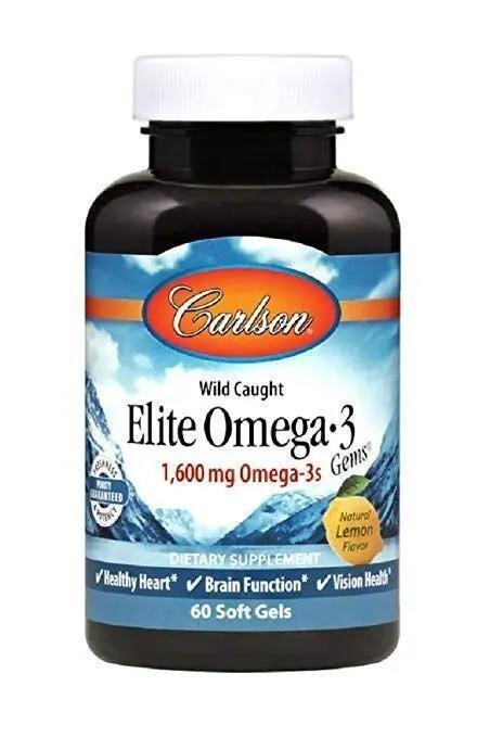 Омега-3 Carlson Labs Elite Omega-3 1600 мг зі смаком лимону, 60 капсул