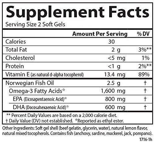 Омега-3 Carlson Labs Elite Omega-3 1600 мг зі смаком лимону, 60 капсул