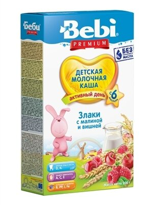Каша молочна Bebi Premium Злаки з малиною і вишнею, з 6 місяців, 200 г