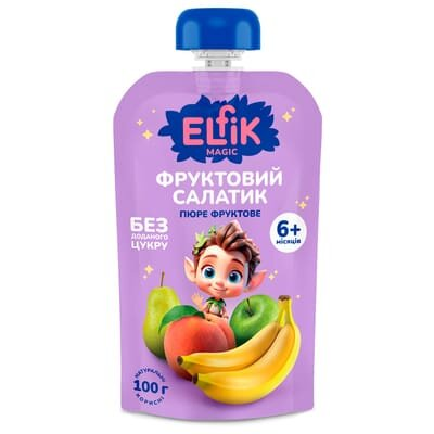 Пюре фруктове Elfik Magic для дітей з 6 місяців Фруктовий салатик, 100 г