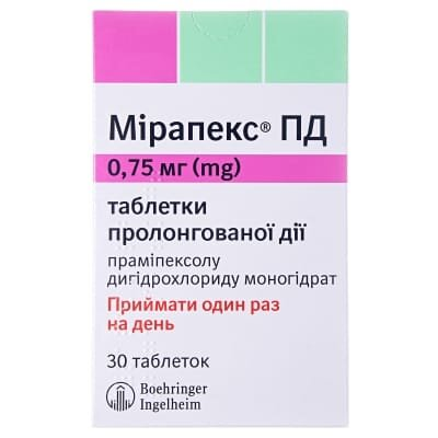 Мірапекс ПД таблетки прол./д. по 0.75 мг №30 (10х3)