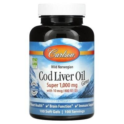 Риб'ячий жир з печінки тріски Carlson Labs Cod Liver Oil 1000 мг, 100 капсул