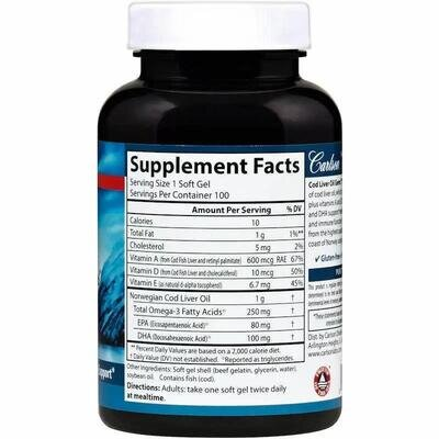 Риб'ячий жир з печінки тріски Carlson Labs Cod Liver Oil 1000 мг, 100 капсул