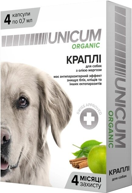 Краплі на холку Unicum Organic від бліх і кліщів для собак, 4 штуки