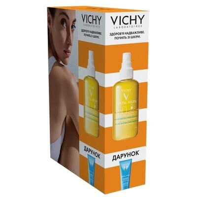 Набір Vichy Capital Soleil сонцезахисний водний двофазний зволожуючий спрей для обличчя та тіла, SPF50, 200 мл + Молочко після засмаги, 100 мл