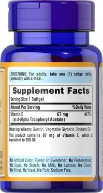 Вітамін Е Puritan's Pride Natural Vitamin E 67 мг (100 МО) 100% натурального походження, 100 гелевих капсул