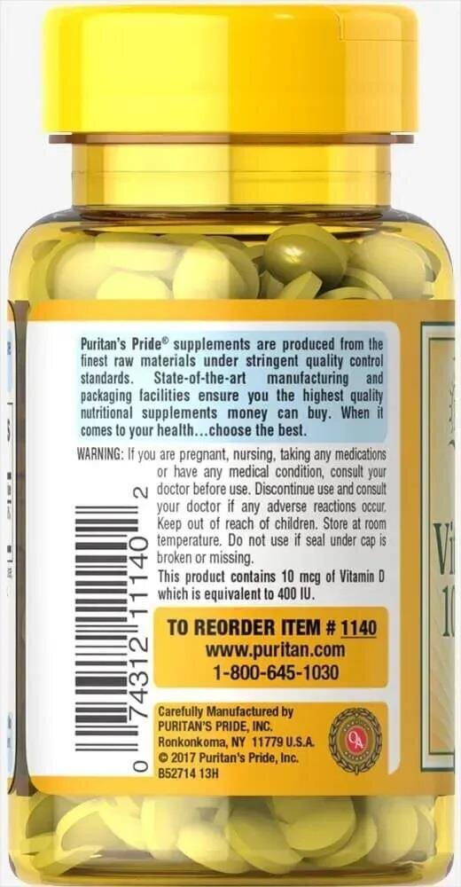 Вітамін Д3 Puritan's Pride Vitamin D3 400 МО, 100 таблеток