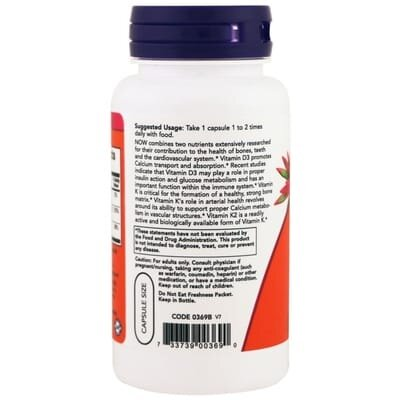 Вітамін Д-3 і К-2 NOW Vitamin D-3 & K-2 1000 МО/45 мкг капсули №120