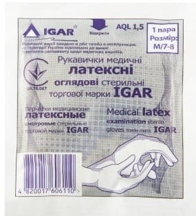 Рукавички оглядові IGAR латексні стерильні, бюджетна упаковка, розмір М, пара