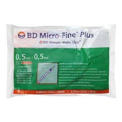 Шприц інсуліновий 0,5 мл U-100 BD Micro-Fine Plus 30G (0,30 x 8 мм), 10 штук