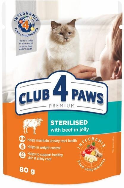 Корм вологий Club 4 Paws для дорослих стерилізованих кішок з яловичиною в желе, 80 г