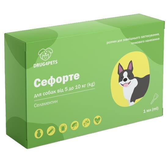 Сефорте DRUG4PETS краплі від бліх, кліщів та глистів для собак вагою 5 - 10 кг, 1 піпетка по 1 мл