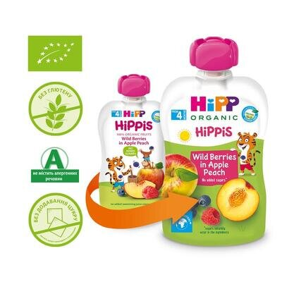 Пюре фруктове HiPP Hippis Яблуко-Персик-Чорниця-Малина з 4 місяців, 100 г