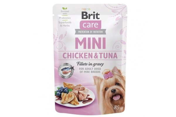 Корм вологий Brit Care Mini для дорослих собак мініатюрних порід філе курка і тунець в соусі, 85 г
