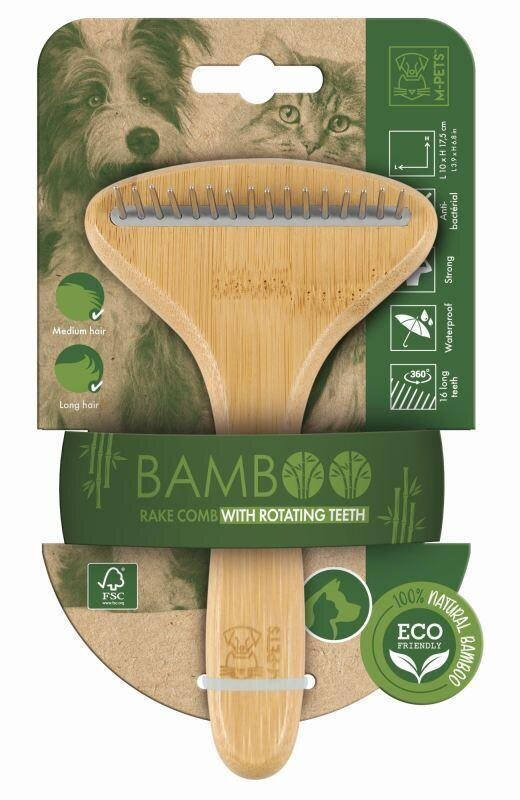 Гребінець M-Pets Bamboo Rake Comb with Rotating Teeth з зубцями, що обертаються, з бамбука для собак та котів, 16 зубчиків