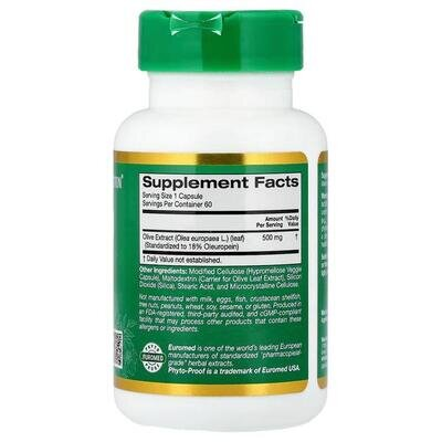 Екстракт листя оливкового дерева California Gold Nutrition Olive Leaf Extract 500 мг, 60 рослинних капсул