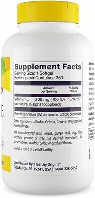 Вітамін Е Healthy Origins Vitamin E 400 МО, 180 капсул