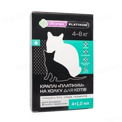 Краплі на холку Vitomax Platinum проти бліх, кліщів та гельмінтів для котів 4-8 кг по 1 мл, 1 піпетка