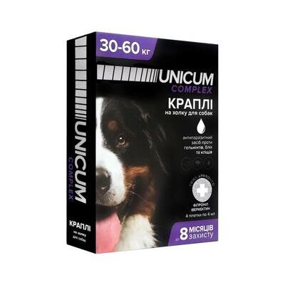 Краплі на холку Unicum Complex від бліх, кліщів і гельмінтів для собак вагою 30-60 кг, 1 піпетка