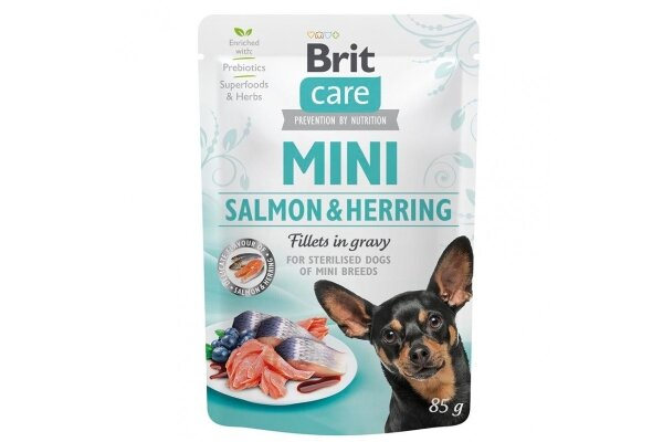 Корм вологий Brit Care Mini для стерилізованих собак мініатюрних порід філе лосося і оселедця в соусі, 85 г