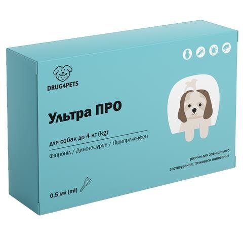 Ультра ПРО DRUG4PETS краплі від бліх і кліщів для собак вагою до 4 кг, 1 піпетка по 0,4 мл