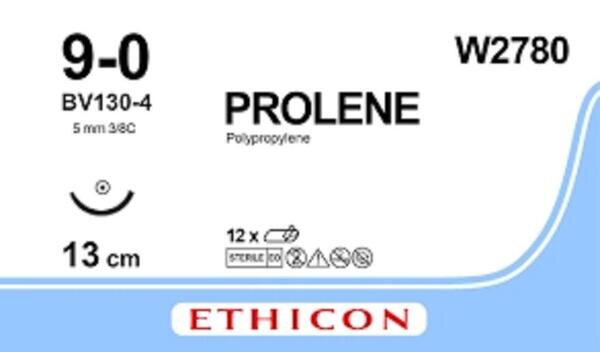 Шовний матеріал хірургічний Prolene W2780 р. USP 9/0 нерозсмоктуючий довжина 13 см, голка колюча 4,7 мм, 3/8 кола BV130