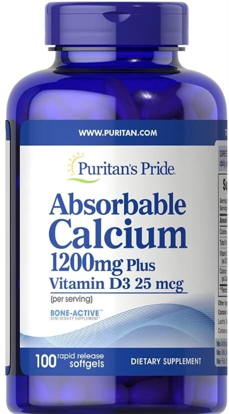 Кальцій з вітаміном Д3 Puritan's Pride Absorbable Calcium 1200 мг Plus Vitamin D3 25 мкг, 100 гелевих капсул