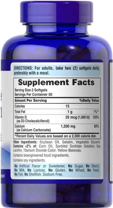 Кальцій з вітаміном Д3 Puritan's Pride Absorbable Calcium 1200 мг Plus Vitamin D3 25 мкг, 100 гелевих капсул