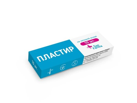Пластир бактерицидний San Farma на нетканій основі 1,9 см х 7,2 см, 10 штук