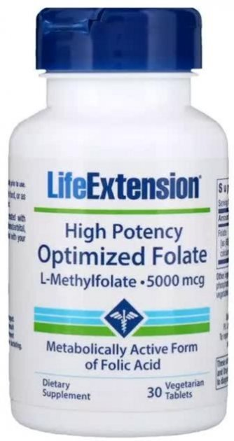 Високоактивний оптимізований фолат Life Extension High Potency Optimized Folate 5000 мкг, 30 вегетаріанських капсул