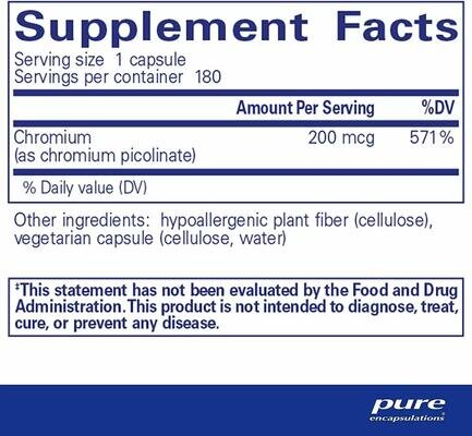 Хром (піколінат) Pure Encapsulations Chromium (picolinate) 200 мкг, 180 капсул