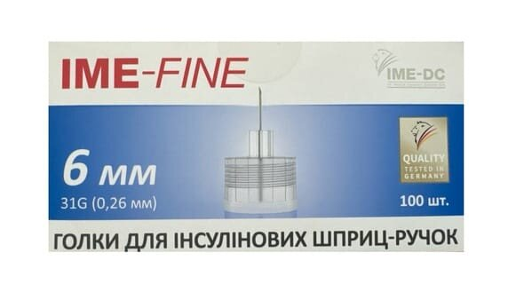 Голки для шприц-ручок Ime-fine одноразові стерильні 31G (0,26 х 6 мм), 100 штук