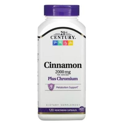 Кориця + Хром 21st Century Cinnamon Plus Chromium 2000 мг, 120 рослинних капсул