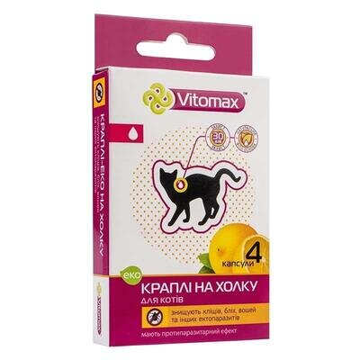 Краплі на холку Vitomax Еко від бліх та кліщів для котів, 4 штуки