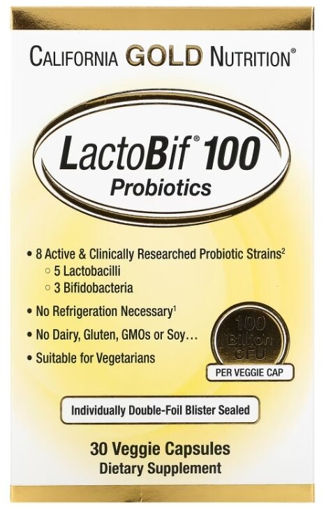 Пробіотики California Gold Nutrition LactoBif Probiotics 100 Billion, 30 веганських капсул