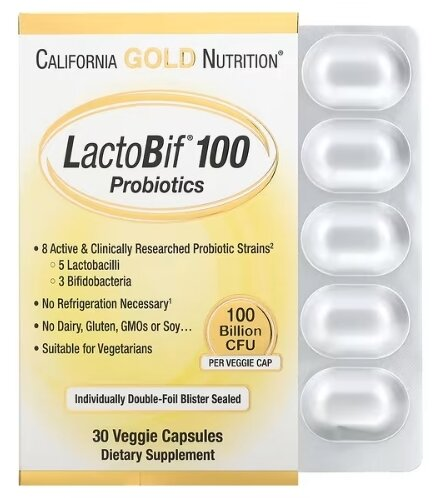 Пробіотики California Gold Nutrition LactoBif Probiotics 100 Billion, 30 веганських капсул