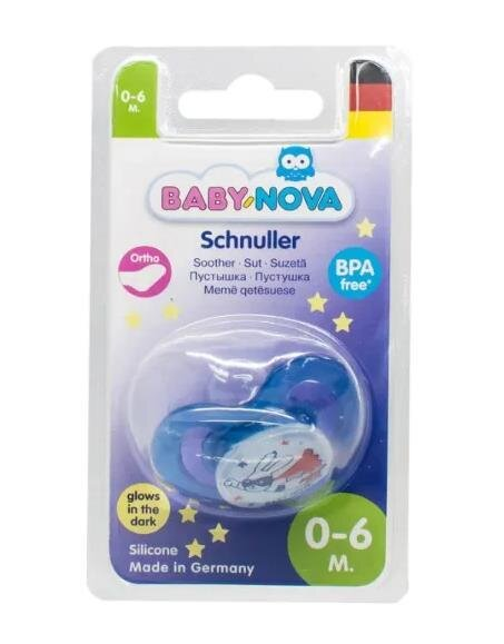 Пустушка силіконова Baby-Nova 24222-1 ортодонтична нічна, розмір 1, синя 0-6 місяців, 1 шт