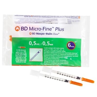 Шприц інсуліновий 0,5 мл U-100 BD Micro-Fine Plus 31G (0,25 x 6 мм), 10 штук