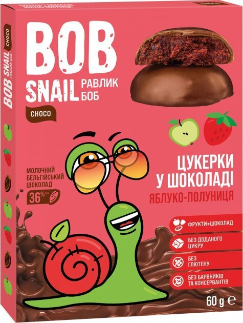 Цукерки Bob Snail Choсo Яблуко-полуниця в бельгійському молочному шоколаді, 60 г
