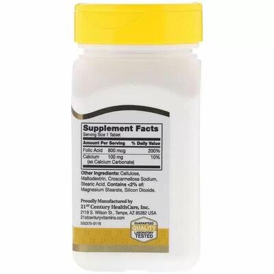 Фолієва кислота з кальцієм 21st Century Folic Acid 800 мг, 180 таблеток