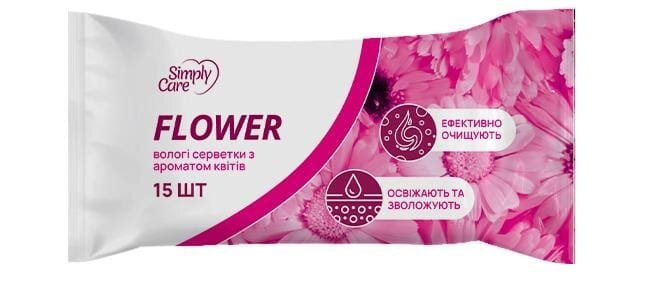 Серветки вологі Simply Care з ароматом квітів, 15 шт