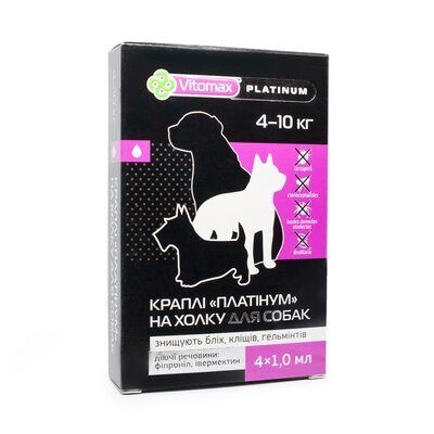 Краплі на холку Vitomax Platinum проти бліх, кліщів та гельмінтів для собак 4-10 кг по 1 мл, 4 піпетки