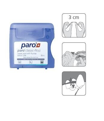 Зубна нитка Paro Swiss classic-floss класична вощена, з м'ятою і фторидом, 50 м