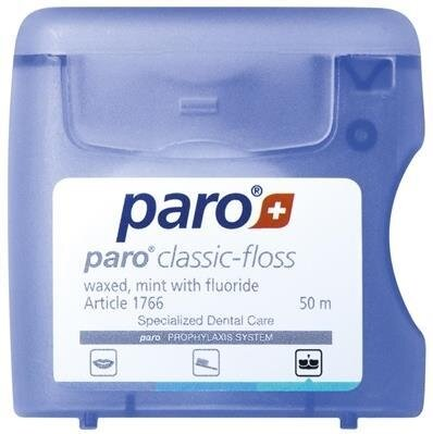 Зубна нитка Paro Swiss classic-floss класична вощена, з м'ятою і фторидом, 50 м
