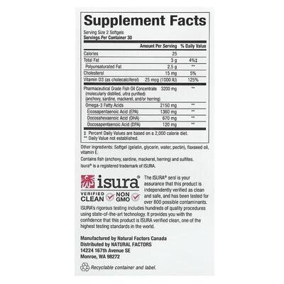 Риб'ячий жир Омега 3 з вітаміном D3 Natural Factors Rx Omega-3 Ultra Strength with Vitamin D3, 60 м'яких таблеток