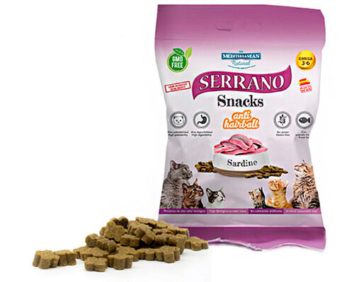 Ласощі для котів Mediterranean Natural Serrano Snacks з функцією виведення грудочок шерсті з сардинами, 50 г