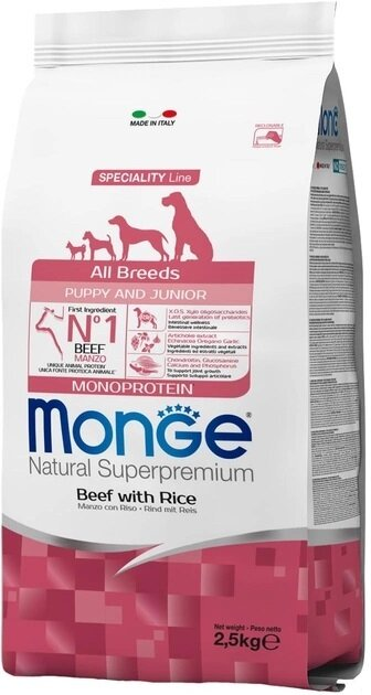 Корм сухий Monge Dog All Breeds Puppy Junior для цуценят всіх порід з яловичиною та рисом, 2,5 кг