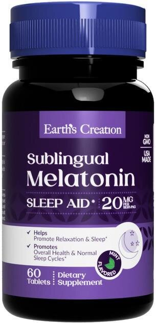 Мелатонін 20 мг Earth's Creation Melatonin 20 mg зі смаком м'яти, 60 таблеток