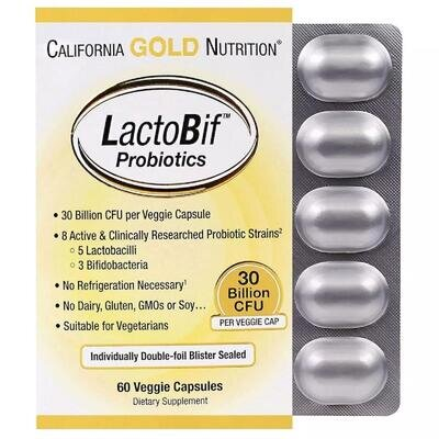 Пробіотики LactoBif California Gold Nutrition 30 млрд КОЕ, 60 капсул